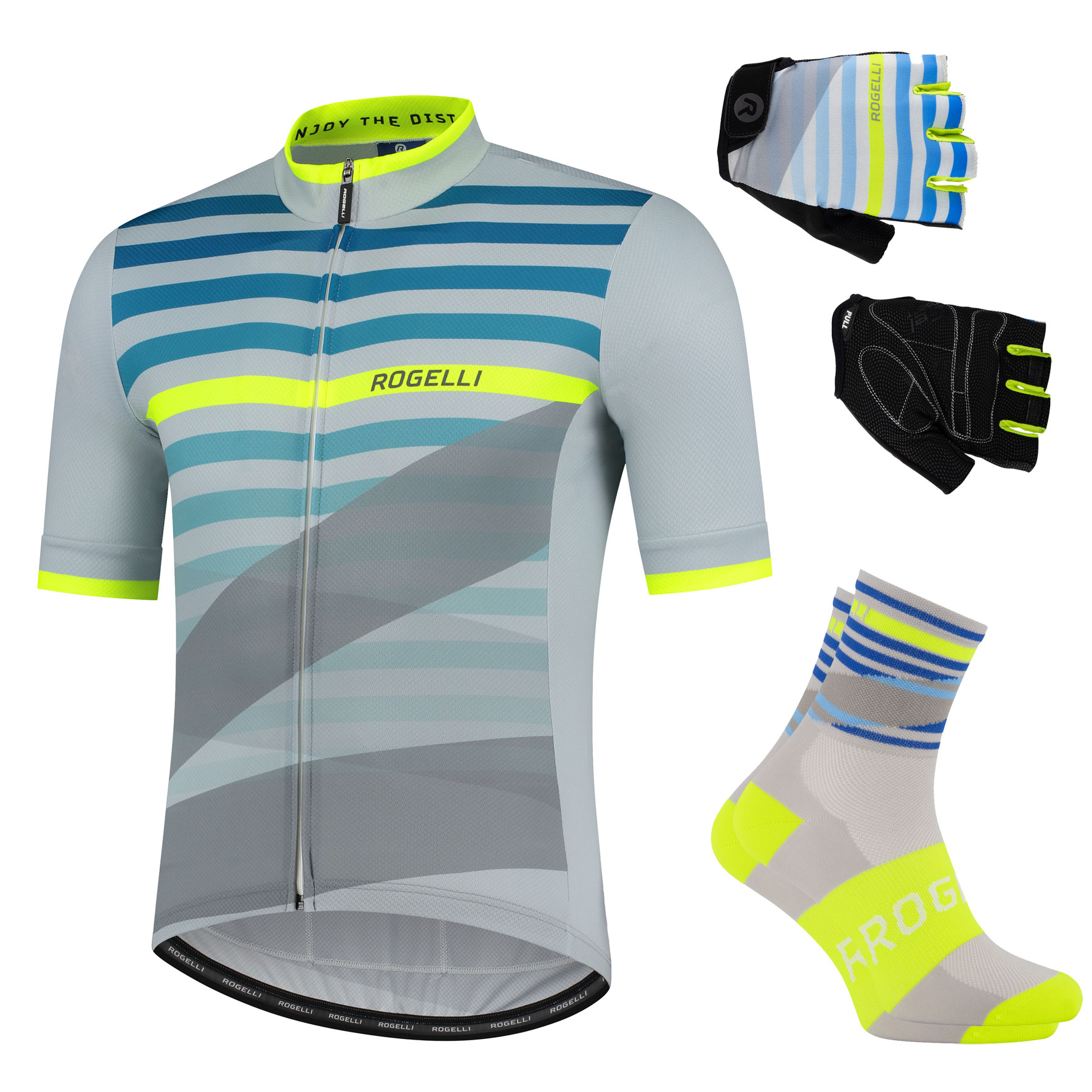 Heren fietsset Stripe shirt handschoenen en sokken Grijs/fluor/groen