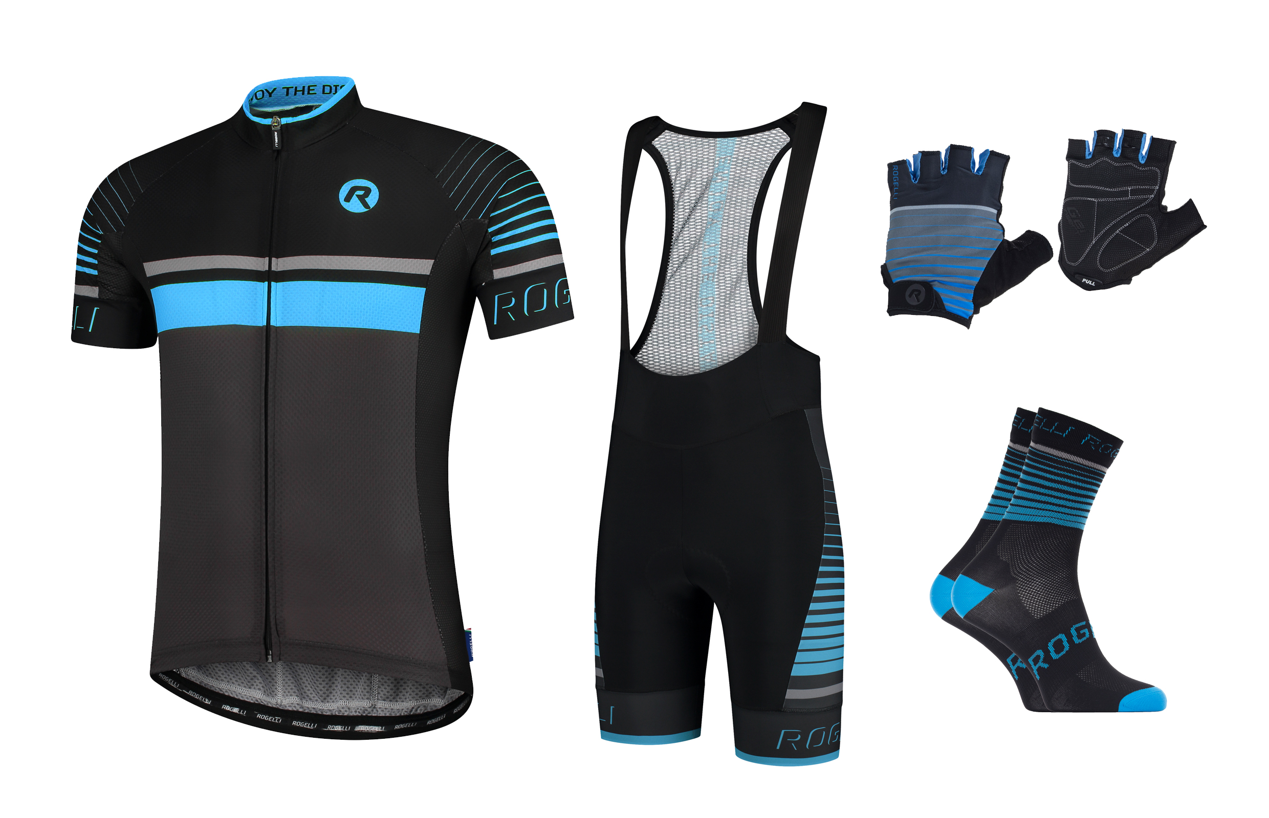4 Delig Hero fietsset Shirt/korte broek, handschoenen en sokken Zwart/grijs/blauw
