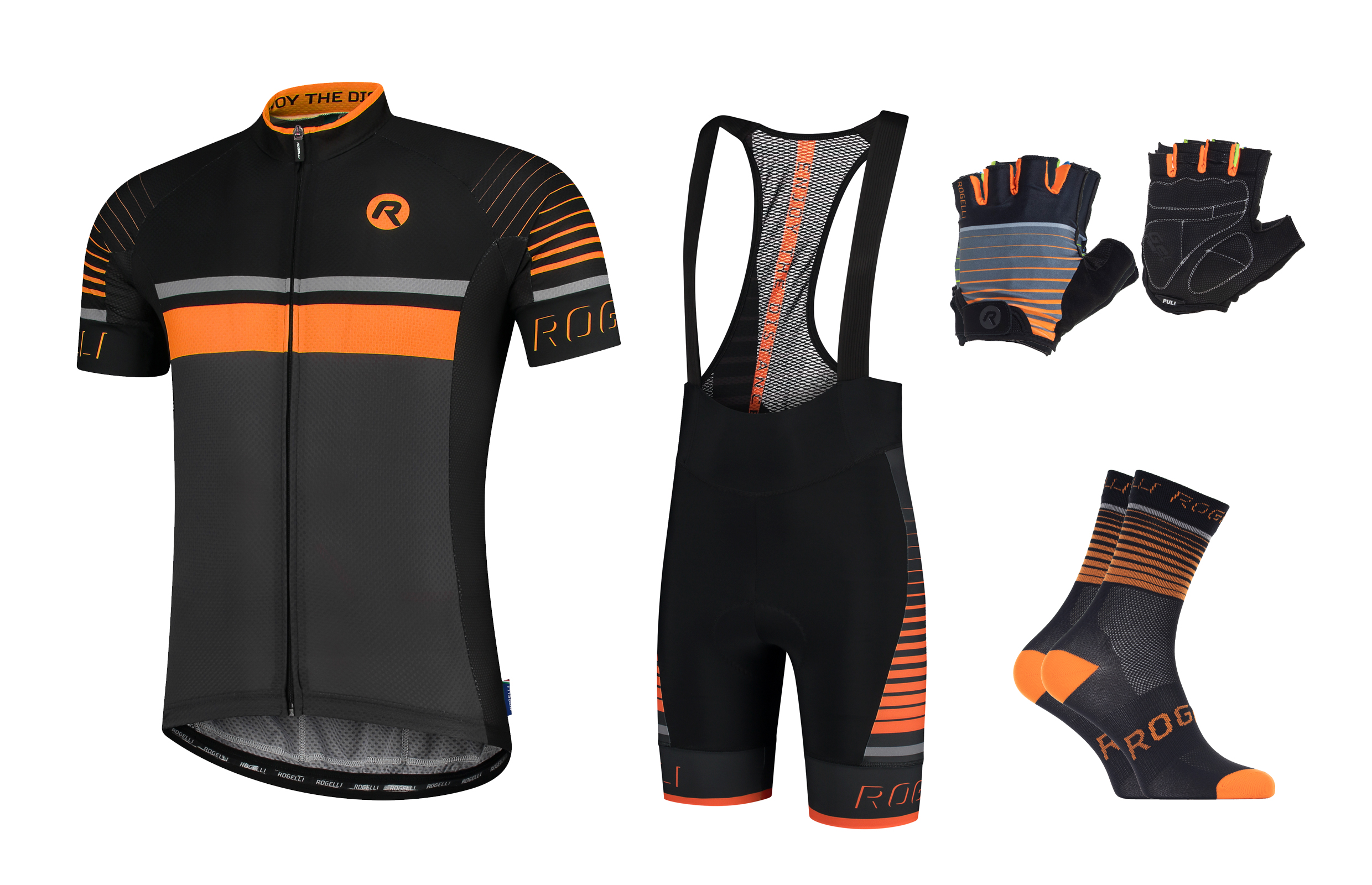 4 Delig Hero fietsset Shirt/korte broek handschoenen en sokken Zwart/grijs/oranje