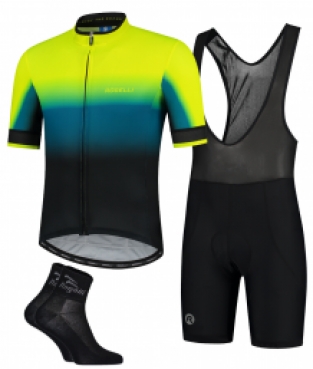 3 Delig Kinder fietsset Horizon shirt KM Blauw/fluor geel+ Basic KB Zwart/Sokken
