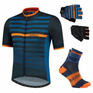 Heren fietsset Stripe shirt handschoenen en sokken Blauw/oranje