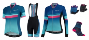 5 Delig Dames fietsset Impress Shirt/broek/jack/handschoen en sokken Blauw/roze